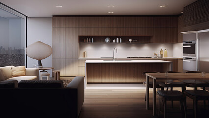 A kitchen with a serene ambiance created by the white interior and the warm glow of artificial lighting. Photorealistic illustration, Generative AI