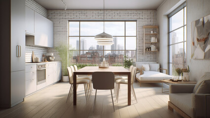 A bright kitchen featuring the white brick interior and large windows that create a sense of openness and natural light. Photorealistic illustration, Generative AI