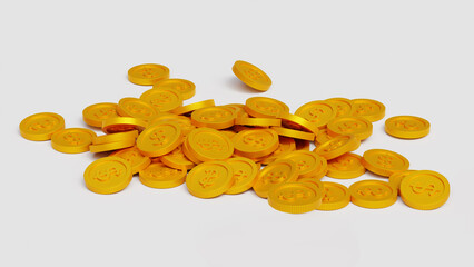 Golden coins pile on white background. Money, finance, business, profits, wealth, casino coin cash, banking currency, investment. 3d illustration