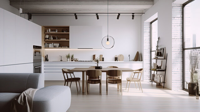 A loft kitchen featuring modern design with a white interior complemented by the raw textures of concrete and white brick walls. Photorealistic illustration, Generative AI