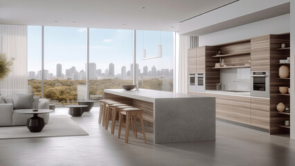 A sunlit kitchen offering a panoramic view of the park, while its white interior is complemented by marble and wood accents. Photorealistic illustration, Generative AI