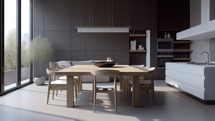 A sunlit kitchen featuring a modern design with a gray interior complemented by white built-in elements and wood furniture. Photorealistic illustration, Generative AI