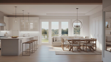 Fototapeta premium A cozy kitchen with a breathtaking view, complemented by all-white interior that creates a clean and bright ambiance. Photorealistic illustration, Generative AI