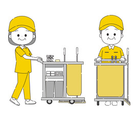 清掃用具カートと笑顔の清掃スタッフ　シンプルカラー