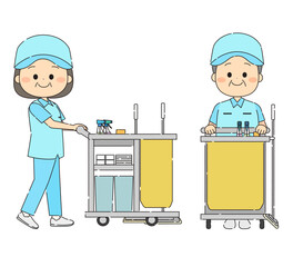 清掃用具カートと笑顔の清掃スタッフ
