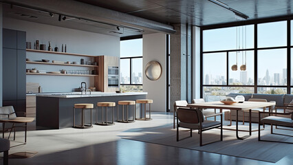A bright loft kitchen featuring a white interior with subtle gray and wood accents that sets the stage for a modern and inviting space. Photorealistic illustration, Generative AI