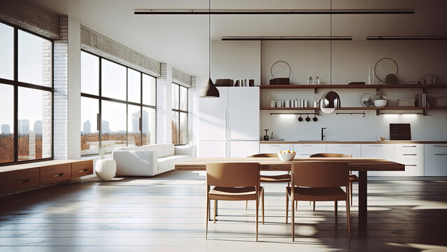 A spacious sunlit kitchen featuring a bright white interior, complemented by the warmth of the wood furniture. Photorealistic illustration, Generative AI