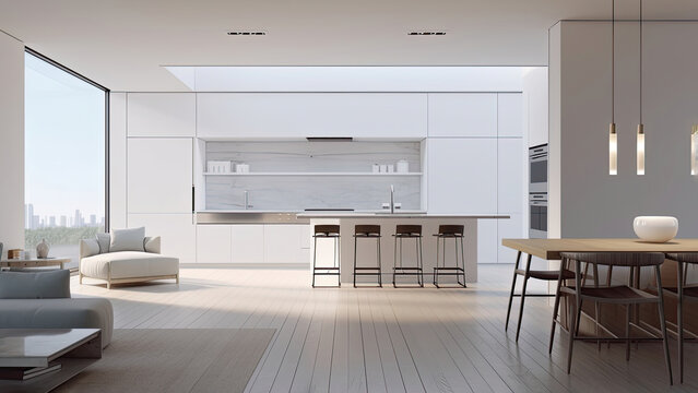 A minimalistic kitchen featuring an all-white interior that exudes a clean and airy ambiance. Photorealistic illustration, Generative AI