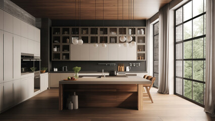 A sunlit kitchen adorned with an interior featuring a combination of white, black, gray, and wood finish elements. Photorealistic illustration, Generative AI