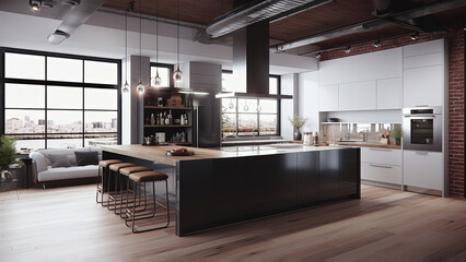 Naklejka premium A sunlit loft kitchen adorned with a red brick wall, complemented by white built-ins, and accentuated by wood furniture. Photorealistic illustration, Generative AI