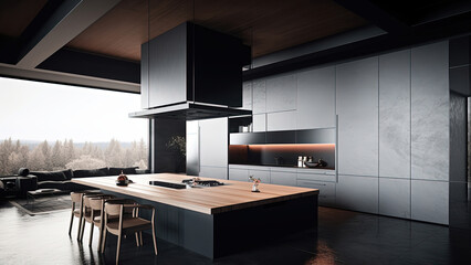Fototapeta na wymiar A modern black kitchen with breathtaking mountain views, complemented by wood accents that create an inviting ambiance. Photorealistic illustration, Generative AI
