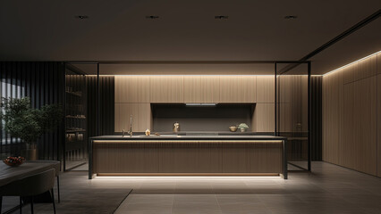 A minimalistic kitchen featuring wood finish built-ins and glass partitions, creating a clean and contemporary ambiance. Photorealistic illustration, Generative AI