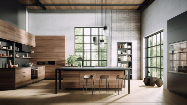 A bright kitchen with a modern-industrial feel, boasting a concrete interior with a brick wall, complemented by black framed windows, and wood built-ins. Photorealistic illustration, Generative AI