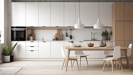 A bright kitchen featuring white and wood finish built-ins, and adorned with a wooden table and chairs, creating an inviting atmosphere. Photorealistic illustration, Generative AI