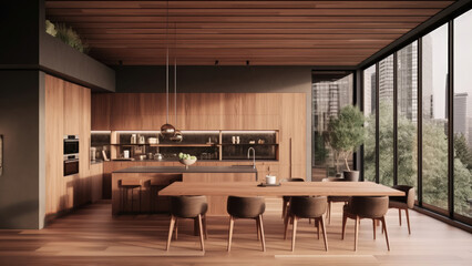 Fototapeta na wymiar A bright kitchen with wood finish built-ins and a wooden dining table and chairs, offering a stunning city view to enjoy while dining and cooking. Photorealistic illustration, Generative AI