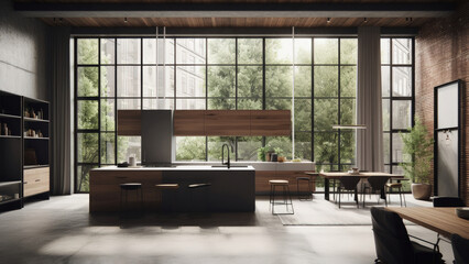 A spacious kitchen, boasting a combination of a concrete wall, a red brick wall, and gray and wood finish built-ins, creating a unique ambiance. Photorealistic illustration, Generative AI