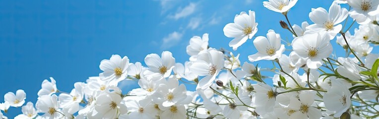 Naklejka na ściany i meble branches of blossoming cherry against blue sky. Copy space