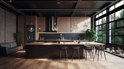 A sunlit kitchen with a brick wall and wood finish built-ins complemented by black accents, creating a warm and contemporary ambiance. Photorealistic illustration, Generative AI