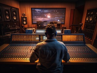 Sound engineer working in recording studio at sound mixing console before display of sound channels in the mix