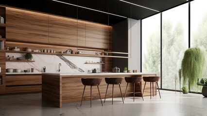 A sunlit kitchen with the black interior, providing a modern backdrop for the all-wood built-ins, while marble accents add a touch of sophistication. Photorealistic illustration, Generative AI