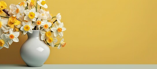 Fototapeta na wymiar Vases with roses and gypsophila flowers on table near yellow wall, beautiful flower