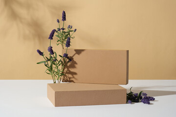 Rectangle podiums stacked on top of each other, displayed with lavender flowers. Lavender (Lavandula) is also commonly used for medicinal and therapeutic benefits