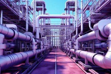 Oil and gas processing plant with pipeline fittings. Created by Generative Ai technology.