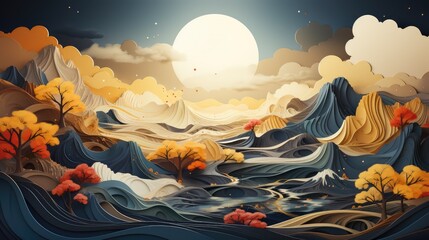 New Chinese style landscape painting, abstract art background. Luxurious oriental style, line art background texture.