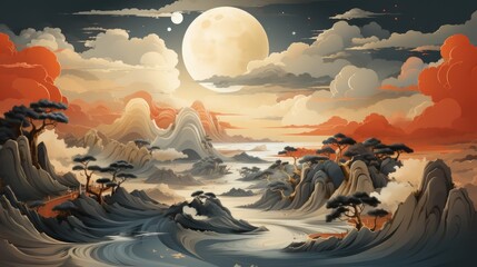 New Chinese style landscape painting, abstract art background. Luxurious oriental style, line art background texture.