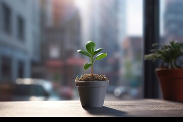 home plant in a pot on the windowsill. Generated by AI.