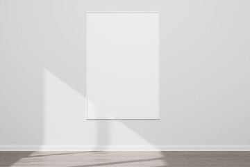 Realistic, white wooden blank frame on a white wall and wooden floor. Design template for layout....