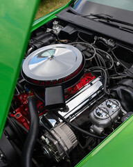 American classic car engine, under the hood of a classic muscle car