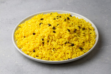 Turmeric Rice Pilaf. Rice made with turmeric and currants. Turkish name; Zerdecalli pirinc pilavi