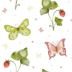 Butterflies and wild strawberries. Watercolor seamless pattern with wild strawberries and butterflies. Wildlife, insects. The illustration is hand drawn. Summer bright design.