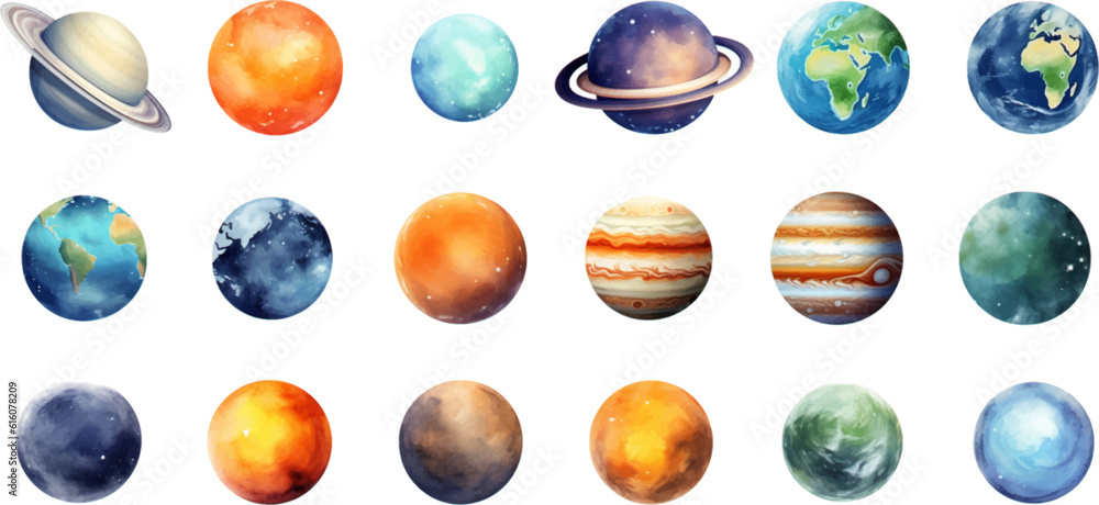 Wall mural planets set in the style of photo-realistic compositions, rtx on, realistic watercolor paintings, li