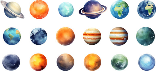 planets set in the style of photo-realistic compositions, rtx on, realistic watercolor paintings, lightbox, saturno butto, transcendent - obrazy, fototapety, plakaty