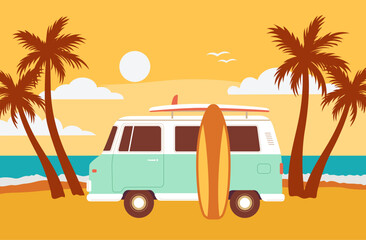 Retro mini van with a surfboard on the beach vector illustration. Summer sea landscape with palm tree. Vacation concept © Nadezhda Mih