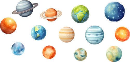 planets set in the style of photo-realistic compositions, rtx on, realistic watercolor paintings, lightbox, saturno butto, transcendent