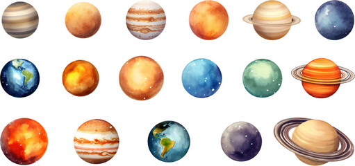 planets set in the style of photo-realistic compositions, rtx on, realistic watercolor paintings, lightbox, saturno butto, transcendent © EnelEva