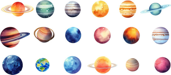 planets set in the style of photo-realistic compositions, rtx on, realistic watercolor paintings, lightbox, saturno butto, transcendent © EnelEva