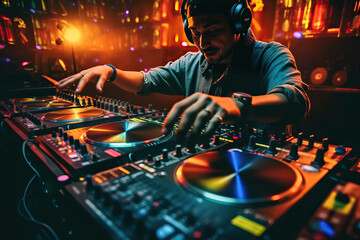 Obraz na płótnie Canvas A dj mixing music in a nightclub