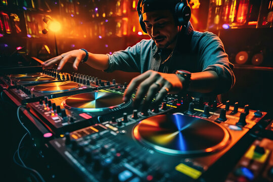 A dj mixing music in a nightclub - Powered by Adobe