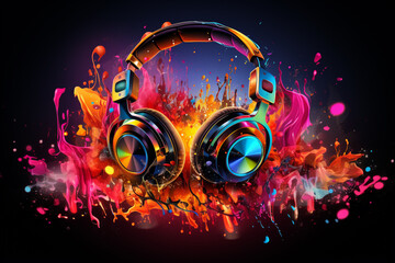 Sound Headphones Multimedia Soundsystem abstrakt bunt im Querformat.. Generative Ai.