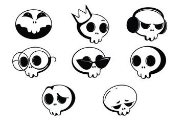 Set of funny stickers with emotional skulls on an insulated white background. 