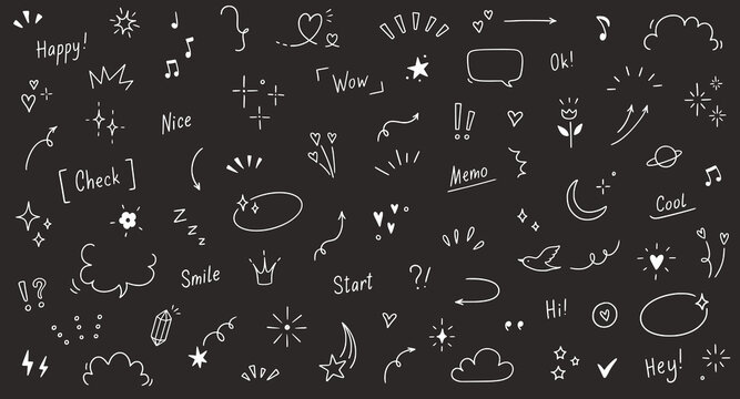 Doodle cute heart, glitter pen line elements on chalkboard. Doodle heart, arrow, star, sparkle decoration symbol set icon. Simple sketch line style emphasis, glitter star. Vector illustration