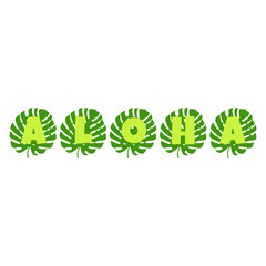 Logo vacaciones en Hawái. Letras de la palabra aloha con letras estilo hawaiano con silueta de hojas de monstera © teracreonte