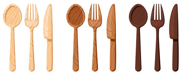 Wooden cutlery - fork spoon and knife flat design icon set isolated on white background. Top view different color wood tableware - spoon, fork, knife. Vector cartoon style kitchenware illustration.