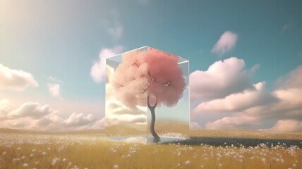 Surreal is a tree in a transparent glass cube in a field with a mystical sky and clouds. Generated AI.