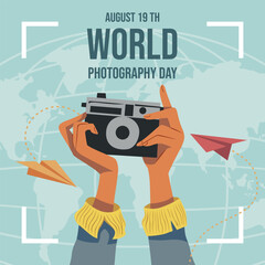 poster and banner design for world photography day. illustration of a hand holding a camera