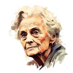 Illustration: portrait of an old wrinkled woman with gray hair. Portrait of old lady drawn with watercolors and markers. Generative AI